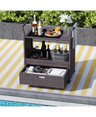 Patio Wicker Bar Cart with Durable Tempered Glass Tabletop