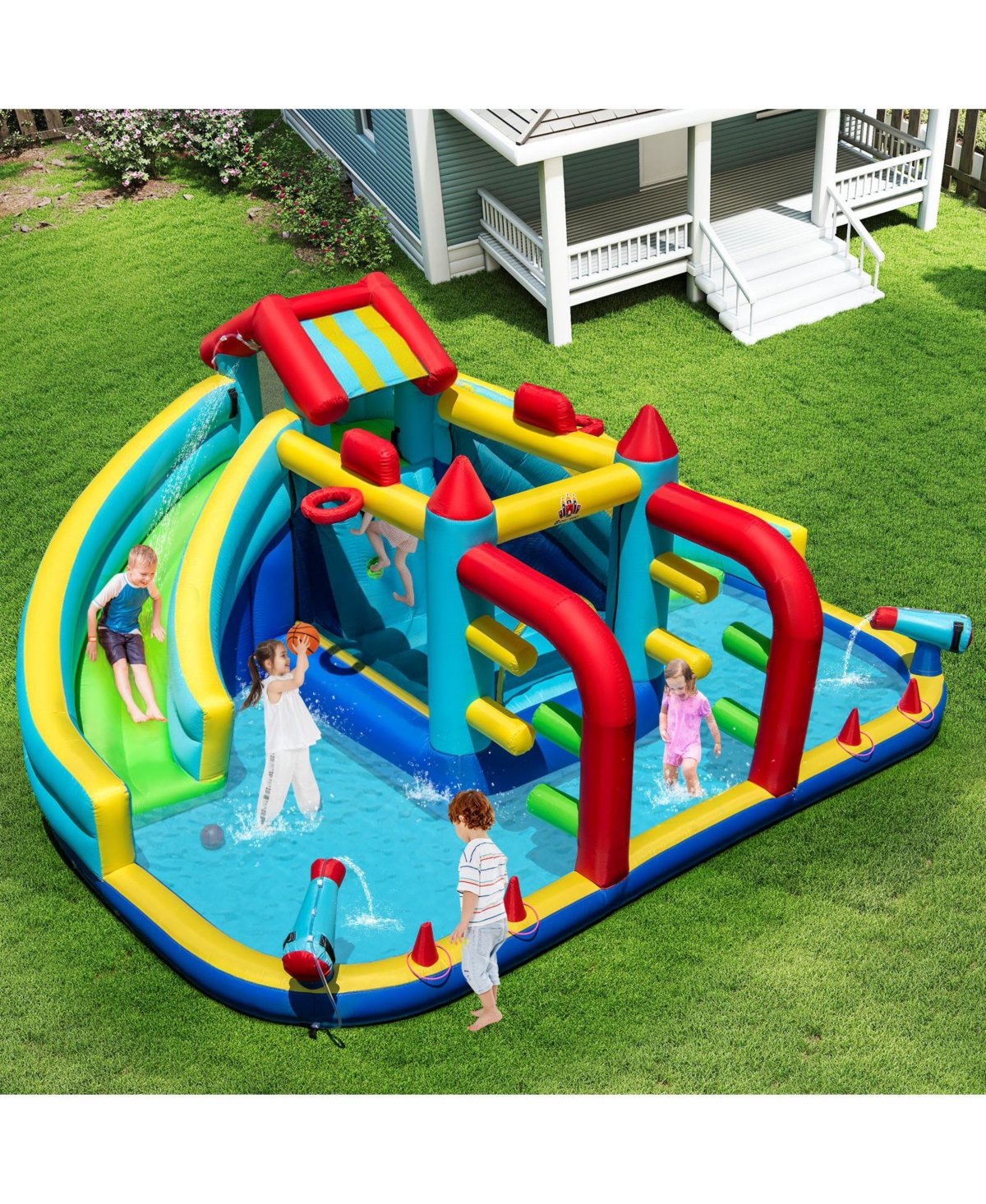Mecale Inflatable Double Water Slide Park with Obstacle Course & Basketball Hoops
