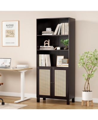 71" Tall Bookshelf, 5 Tier Wood Storage Bookcase with Rattan Doors and Ample Storage Space for Living Room, Home Office
