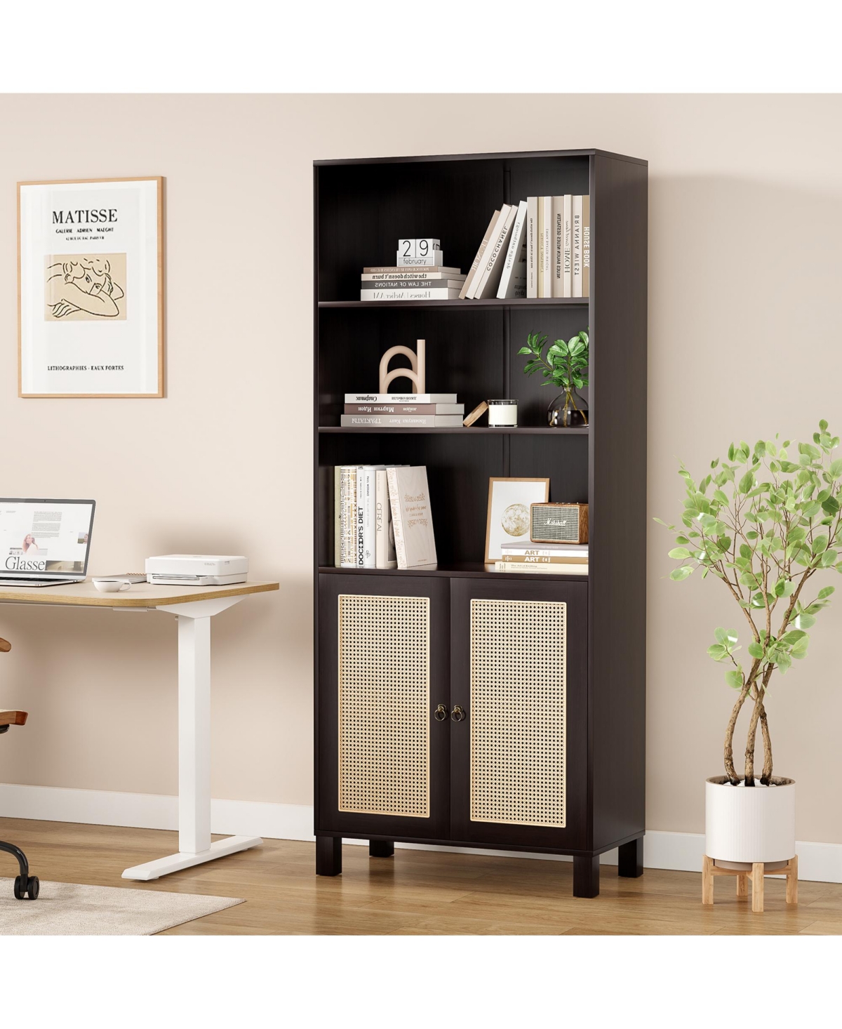 Rainsken 71" Tall Bookshelf, 5 Tier Wood Storage Bookcase with Rattan Doors and Ample Storage Space for Living Room, Home Office