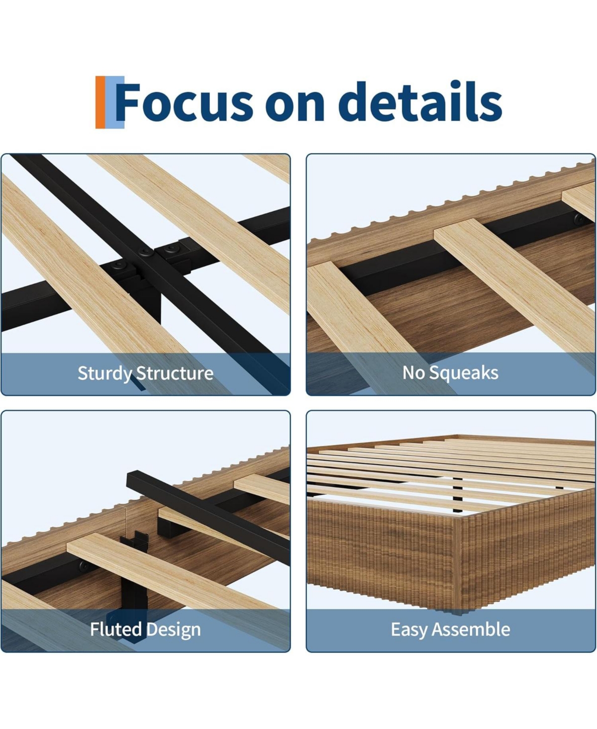 gaomon Wood Platform Bed with Fluted Design, Low Profile BedFrame, Minimalist Base Noise-Free, Easy Assembly