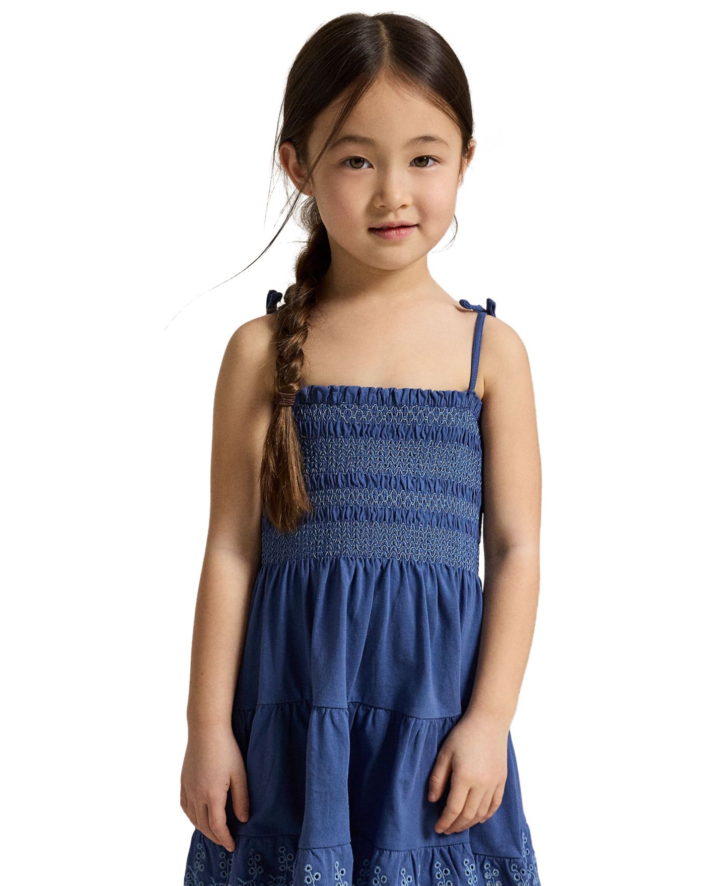 Платье Polo Ralph Lauren Smocked Eyelet Cotton Jersey Dress для девочек, цвет: Земляной синий — фото 3