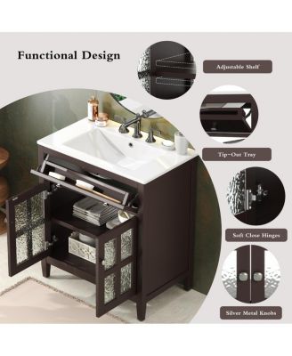 Bathroom Vanity with Sink, Modern Solid Wood Cabinet with Textured Glass Doors, Flip-Out Tray & Adjustable Shelf