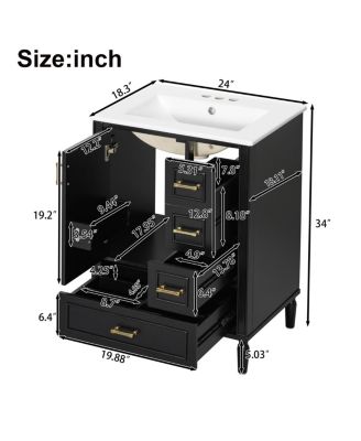 24" Black Bathroom Vanity with Ceramic Sink, Modern Freestanding Solid Wood MDF Cabinet, 3 Drawers Soft Close Door for Small Spaces