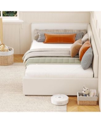 Twin daybed with headboard, Corner Bed Frame with Bed Rails, Velvet Upholstered Sofa with Guardrail for Bedroom, Guest Room, Beige