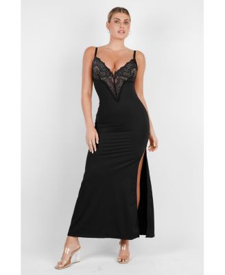 Women's Shapewear Lace V Neck Side Slit Slimming Maxi Slip Dress