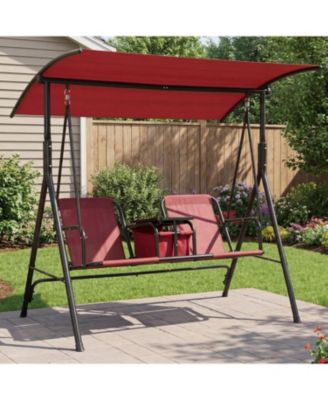2-Person Porch Swing with Cup Holders, Pivot Storage Table & Cooler Bag, Adjustable Canopy, Steel Frame Outdoor Patio Swing for Backyard