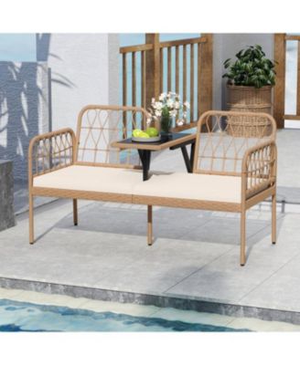 Patio 2-Seater Rattan Loveseat with Coffee Table and Soft Cushions