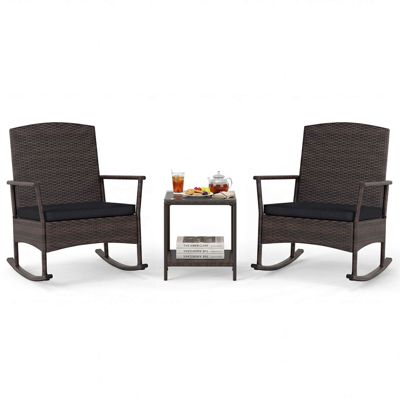 3 PCS Patio Rocking Set Wicker Rocking Chairs with 2-Tier Coffee Table