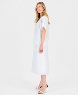 Women's Pleat-Neck Blouse & Pull-On A-Line Midi Skirt