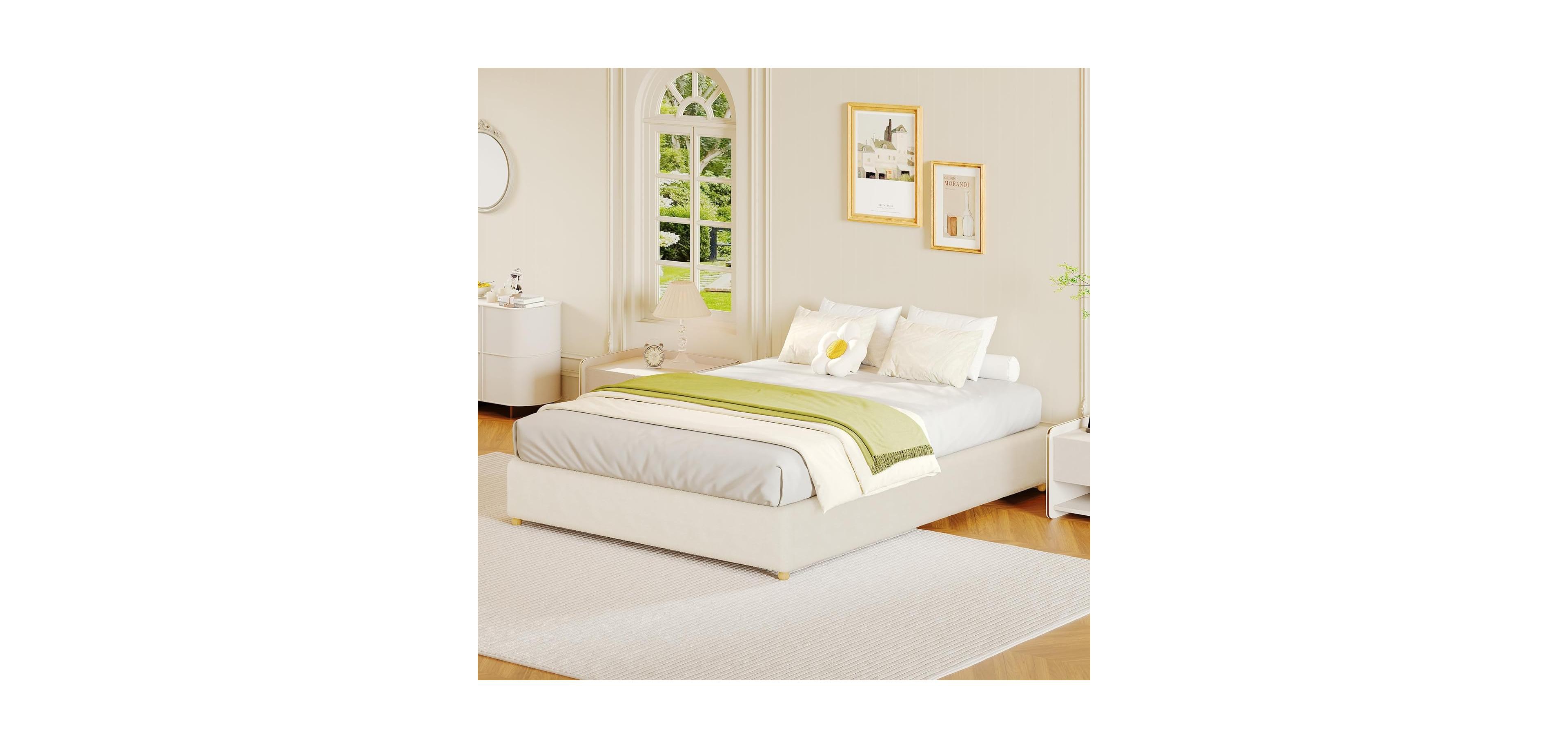 gaomon Cloud Bed Frame Corduroy Low Bed Frame Without Headboard, Thick Fabric Upholstered Platform Bed, Solid Wood Legs