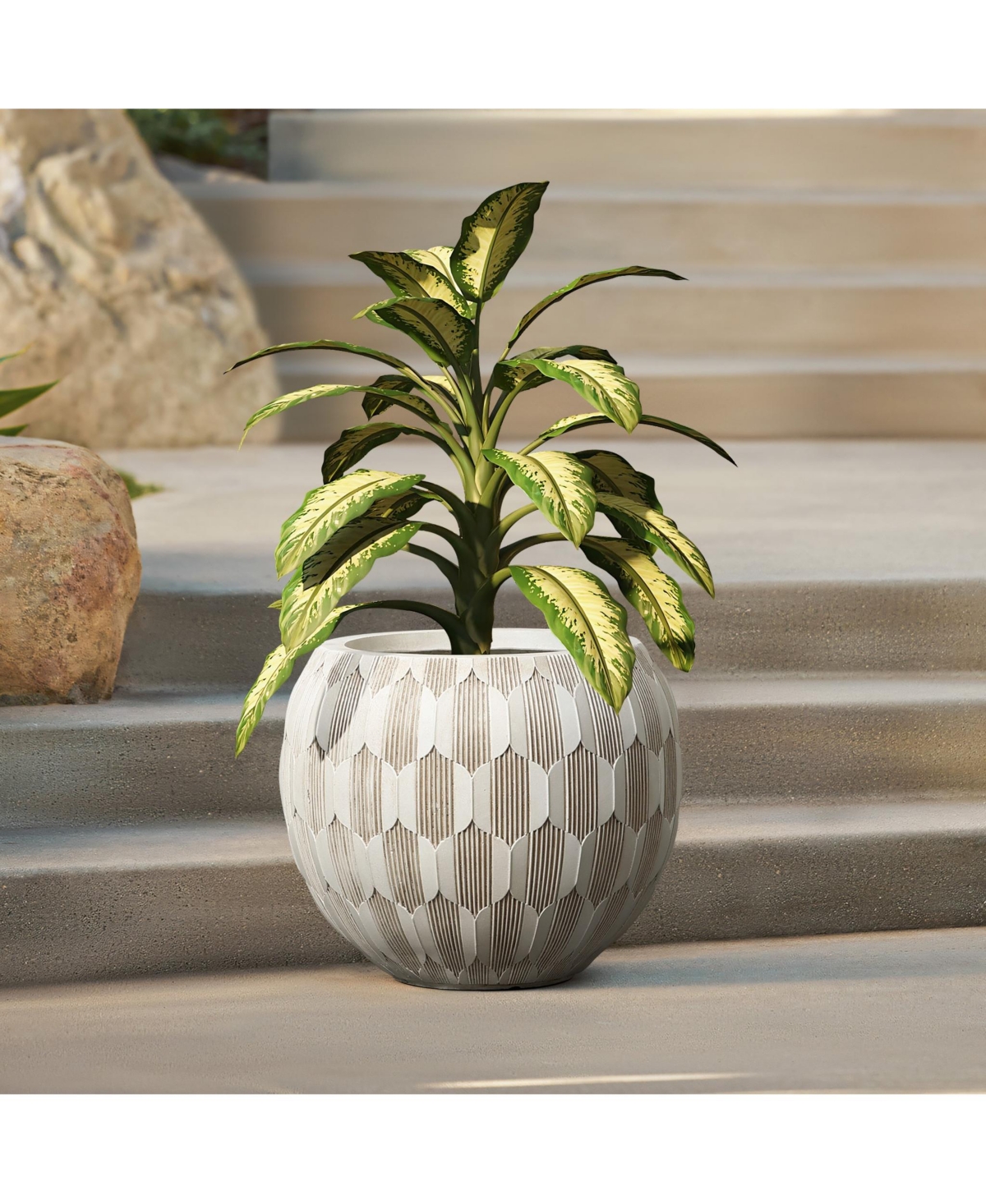 LuxenHome White and Beige Pattern 14.2-Inch Round Planter
