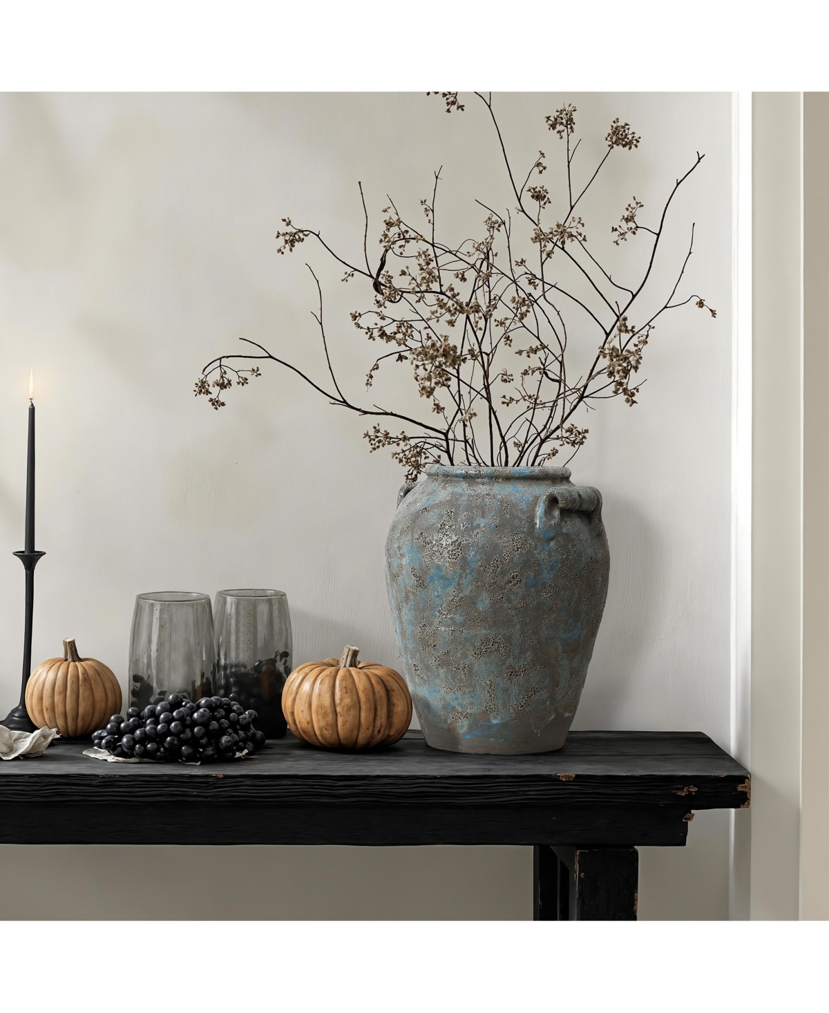 LuxenHome Antiqued Blue & Brown Terracotta Vase with Handles, 12" Tall Farmhouse Vintage Pottery