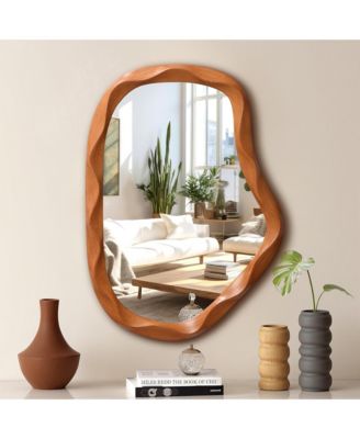 Natural Wood Finish Asymmetrical MDF Frame Wall Mirror, 31.5" H  x  22.6" W