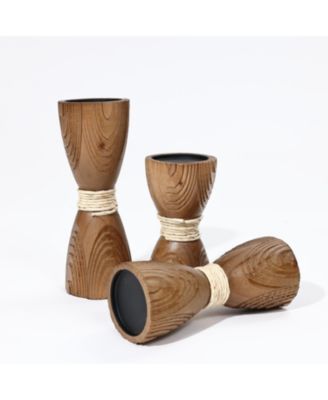 3-Piece Pine Wood with Rattan Pillar Candle Holder Set