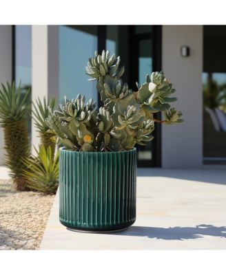Jade Green Ribbed 13.8-Inch Round Ceramic Planter