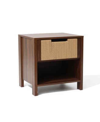Walnut Finish MDF Wood with Rope Front 1-Drawer Nightstand and End Table