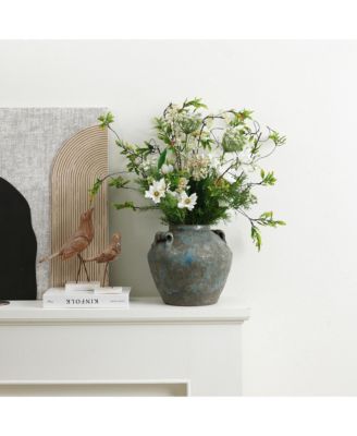 Antiqued Blue & Brown Terracotta Vase with Handles, 11" Round Farmhouse Vintage Pottery