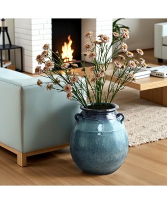 Ocean Blue Ceramic Vase with Handles, 17.5" Tall Rounded Pot for Rustic or Coastal Decor