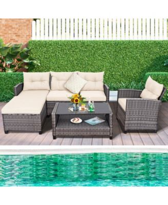 4 Pieces Patio Rattan Sofa Furniture Set with Cushion and 2-Tier Coffee Table