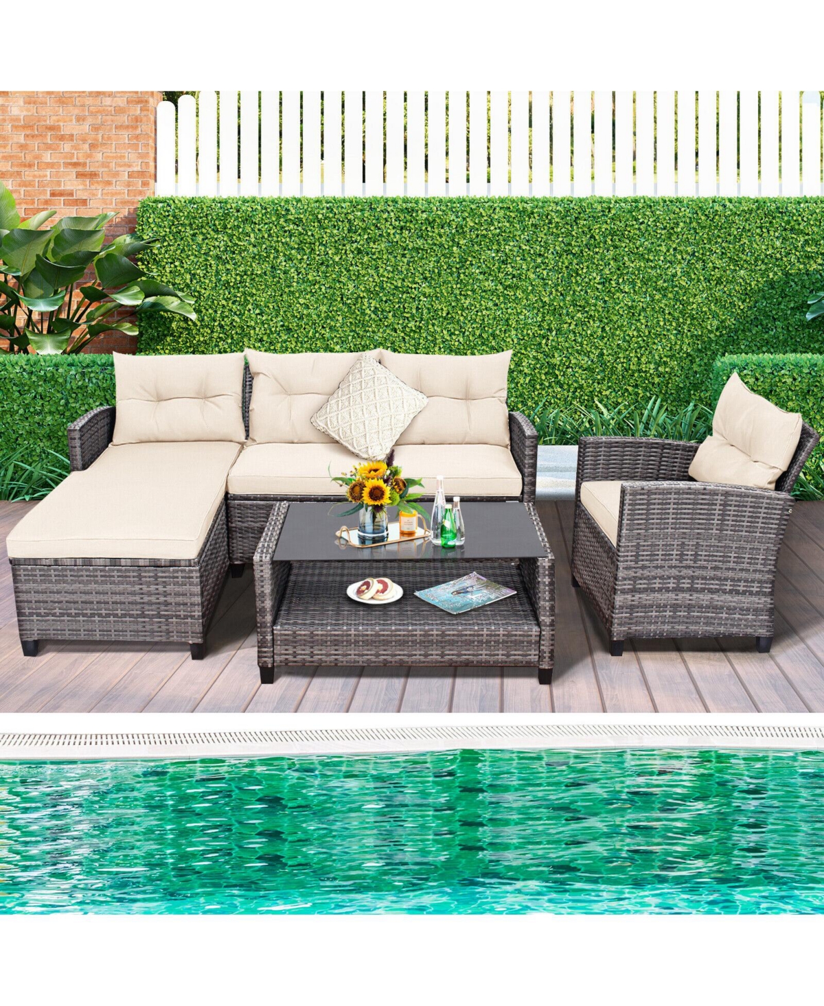 4 Pieces Patio Rattan Sofa Furniture Set with Cushion and 2-Tier Coffee Table
