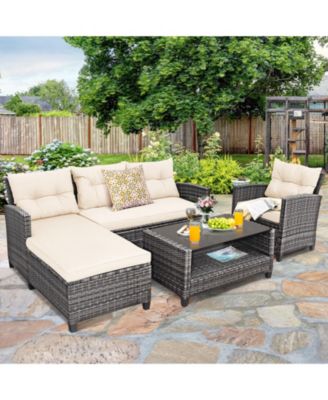 4 Pieces Patio Rattan Sofa Furniture Set with Cushion and 2-Tier Coffee Table