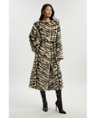 Women's Faux Fur Collarless Tie Belted Midi Coat