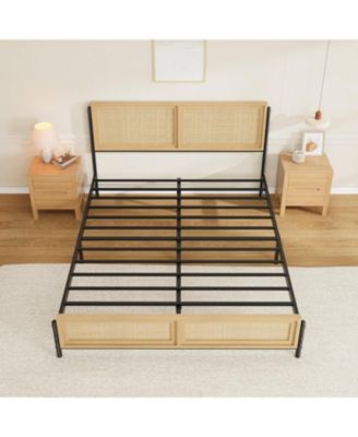 Full Size Bed Frame Complete with a Rattan Headboard and Footboard, Boho Full Mattress Frame, No Box Spring Needed, Noise-Free