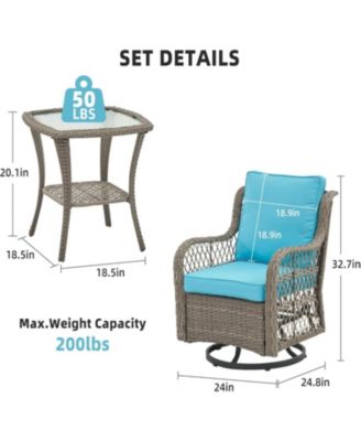 3-Piece Outdoor Patio Bistro Set - PE Wicker 360° Swivel Glider Chairs with Thick Cushions & Tempered Glass Table,Rattan Furniture for Porch