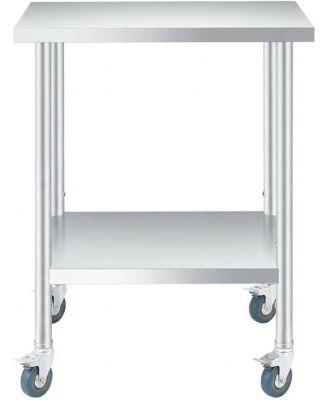 Heavy-Duty Stainless-Steel Table with 2 Shelves & 4 Wheels, 24x24x35 Inch Utility Cart, Commercial Kitchen Worktable for Food Prep, Restaurant
