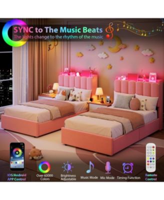 LED Bed Frame with Storage Headboard, Kids Bed Frame with 2 Drawers, Boucle Upholstered Platform Bed for Girls, Chic Wavy Headboard