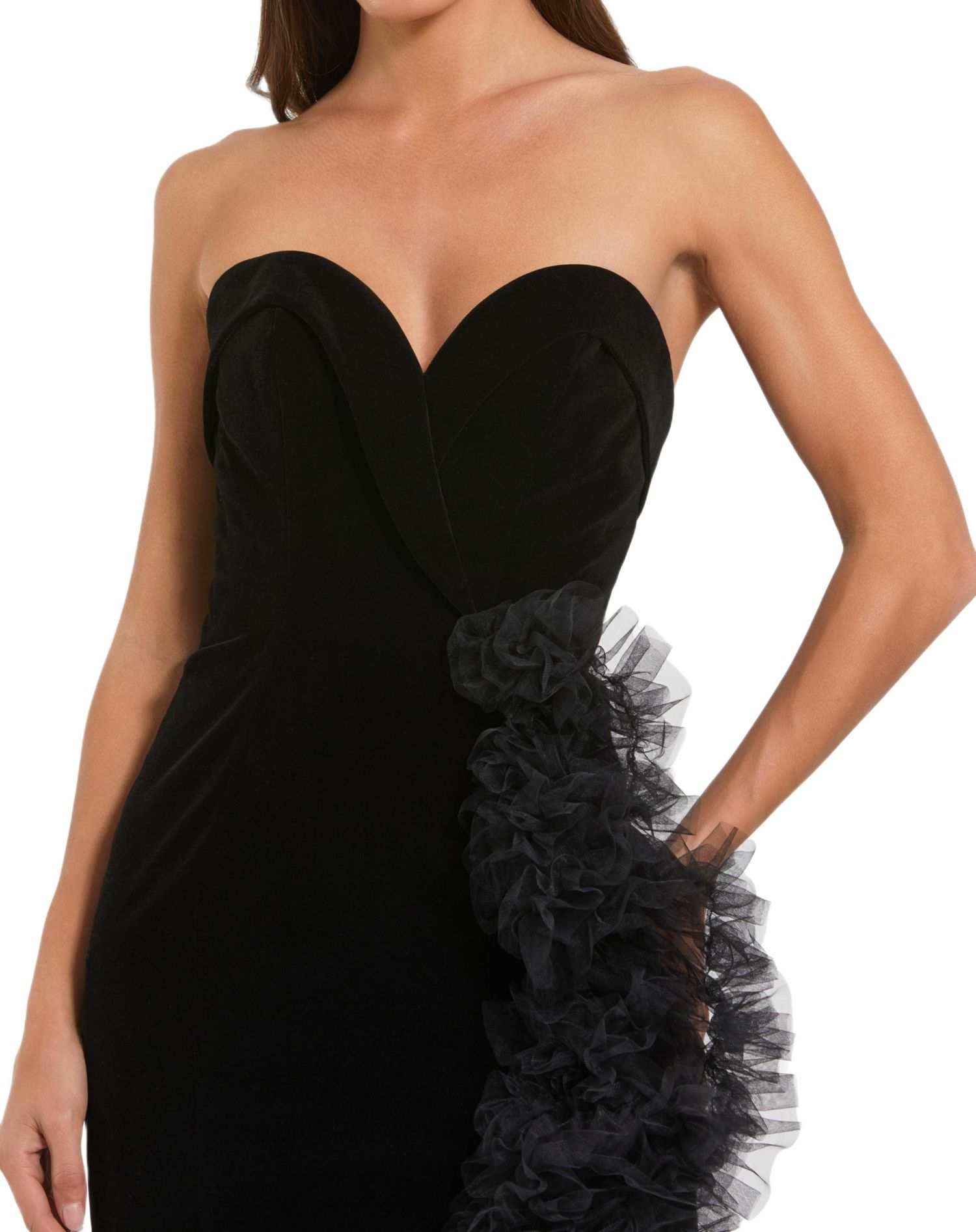 Women's Strapless Velvet Mermaid Gown with Ruffle Slit