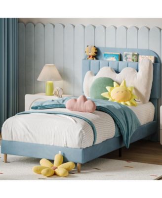 Upholstered Platform Bed Frame with Bookcase Headboard, Velvet Platform Bed Mattress Foundation,Heavy Duty Steel Support Legs.
