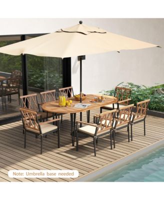 9 PCS Patio Dining Set Table w/ Acacia Wood Top and Umbrella Hole Metal Frame