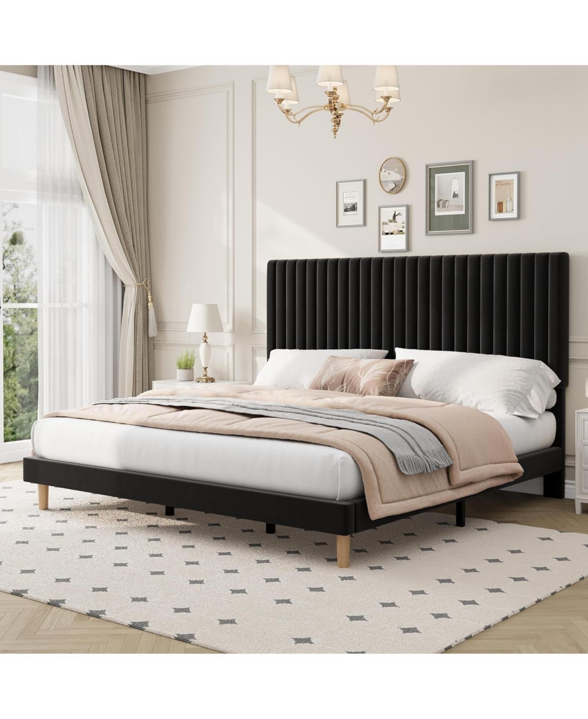 gaomon Bed Frame with Adjustable Headboard, Velvet Upholstered Platform Frame, Vertical Channel Tufted