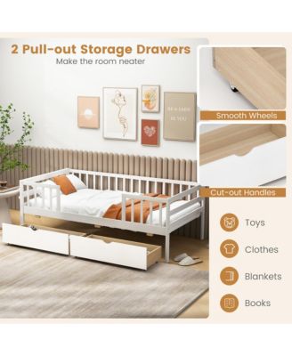Twin Size Kids Bed w/ Storage 2 Pull-out Drawers Side Shelf for Children and Teens