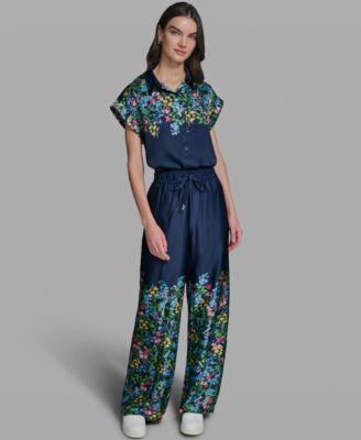 Women's Short-Sleeve Floral Printed Camp Shirt and Mid-Rise Floral Printed Pants