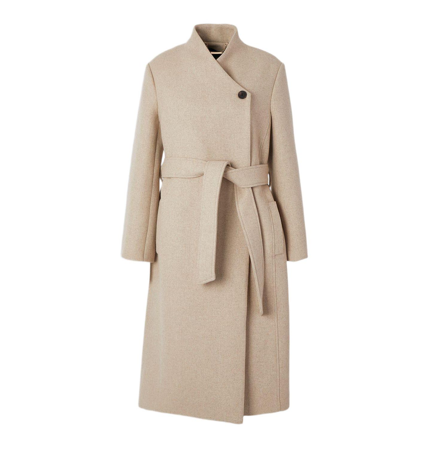 Женское пальто Karen Millen Wool Wrap Neck Tailored Belted Midi, цвет: Овсяный — фото 2