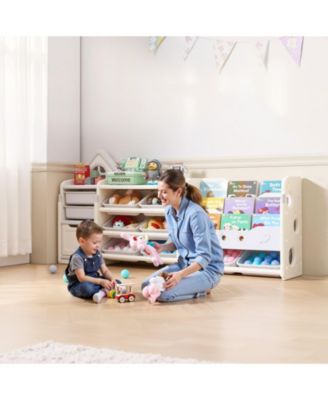 Kids Toy Storage Organizer with Bookshelf, 4-Tier Cubby Cabinet with 10 Movable Plastic Bins, Toy & Book Storage
