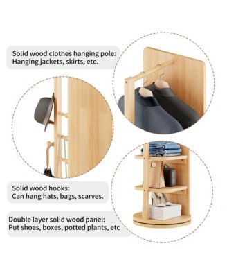 360° Rotating Full Length Mirror, Solid Wood Freestanding Coat Rack with Storage Hanger, Open Shelves for Living Room and Cloakroom