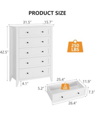 Modern 5 Drawer Wood Dresser, Tall Chest with Gold Handles & Deep Drawers