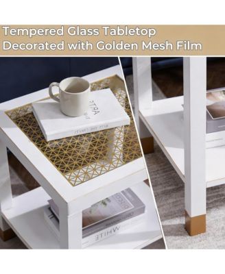 Square Side Table - Modern 2-Tier Tempered Glass End Table, Gold Mesh Accent Bedside Table with Metal Frame for Bedroom, Living Room