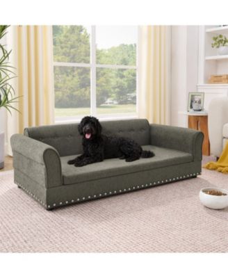 Oversized Pet Sofa, Modern Linen Fabric Elevated Dog Bed with Backrest & Armrest for Large Dogs