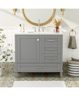 36" Bathroom Vanity with Ceramic Sink, Solid Pine Frame, Soft Close Drawers & Door for Small Spaces