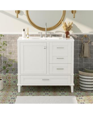 Bathroom Vanity with Ceramic Sink, Solid Pine Frame, Soft Close Drawers & Door for Small Spaces