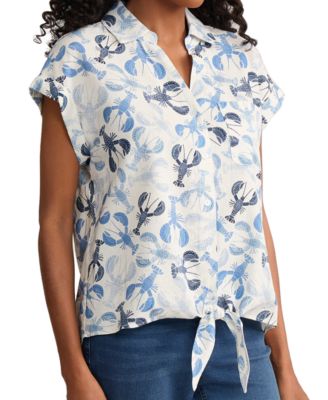 Petite Collared Short-Sleeve Tie-Front Linen Button Top