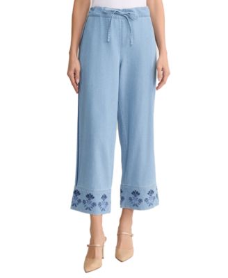 Petite Mid-Rise Wide-Leg Embroidered Pants