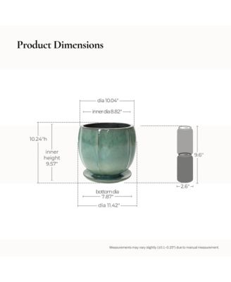 Glossy Gradient Teal Ceramic Planter, 10-Inch Tall Ridged Container with Connected Tray