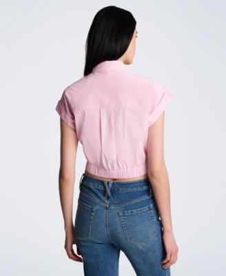 Women's Short Sleeve Button Front Collared Cropped Shirt