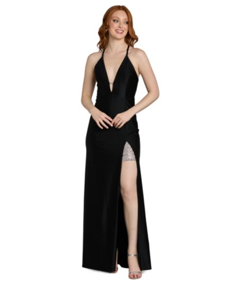 Женское платье Morgan & Company Juniors' Side-Slit X-Back Gown, цвет: Чёрный